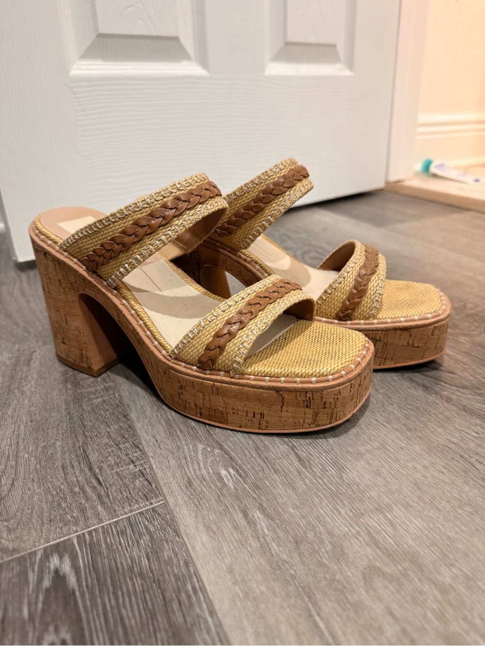Dolce Vita Braided Woven Platform Heels in Tan and Natural